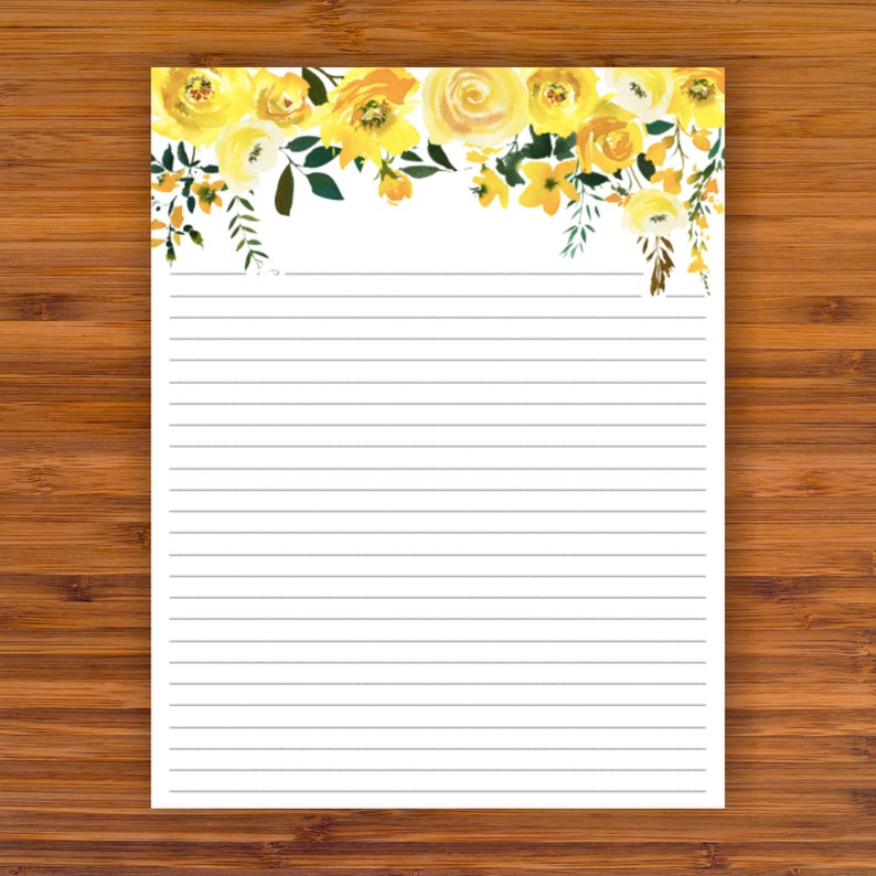 printable lined writing paper yellow watercolor floral a4 etsy