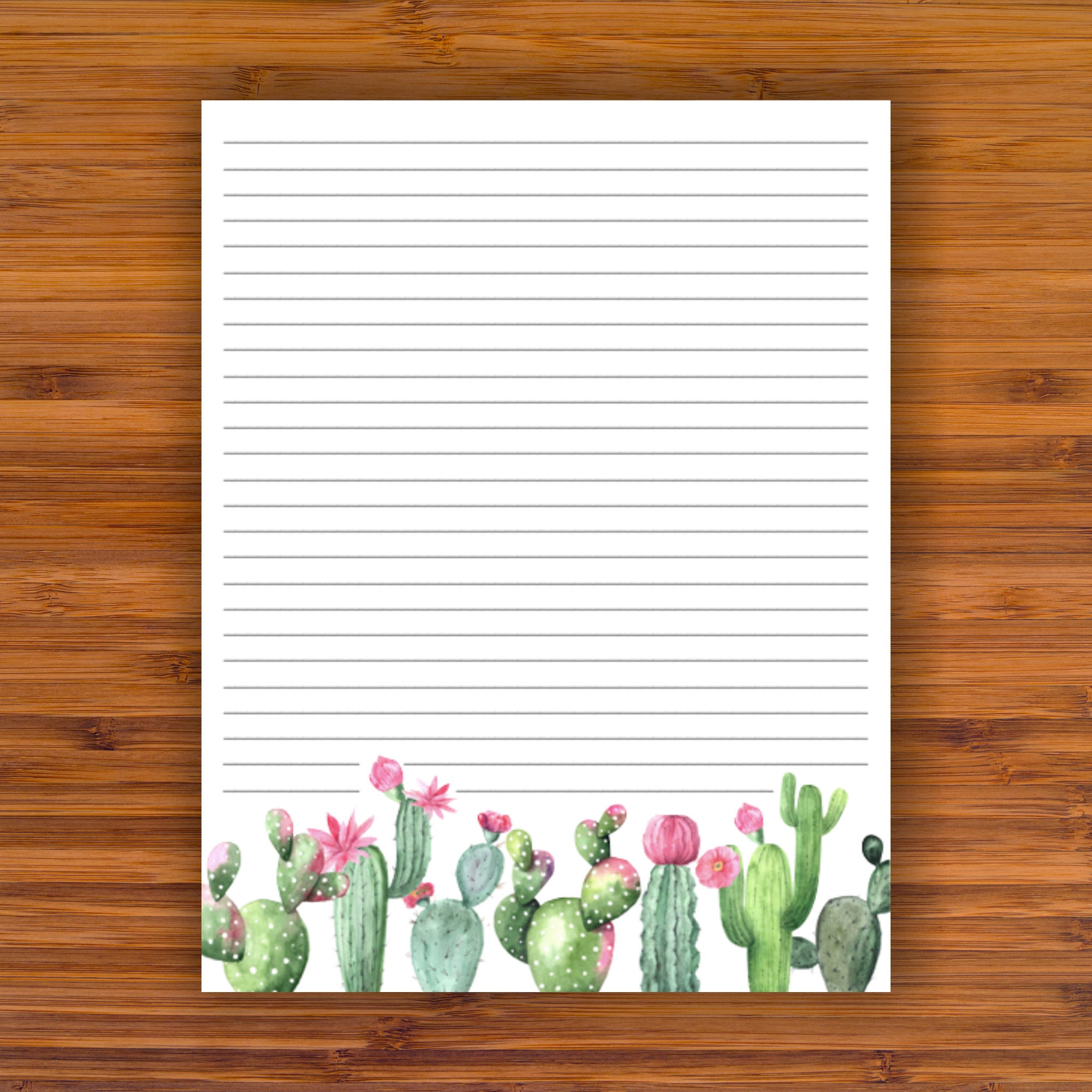 Printable Lined Writing Paper Pink Watercolor Cacti A4 Etsy