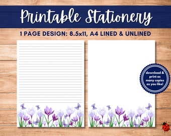 Printable Stationery: Purple Butterflies | 8.5x11 | A4 | Instant Download | Digital Stationery | Unlined Stationery | Lined Writing Paper