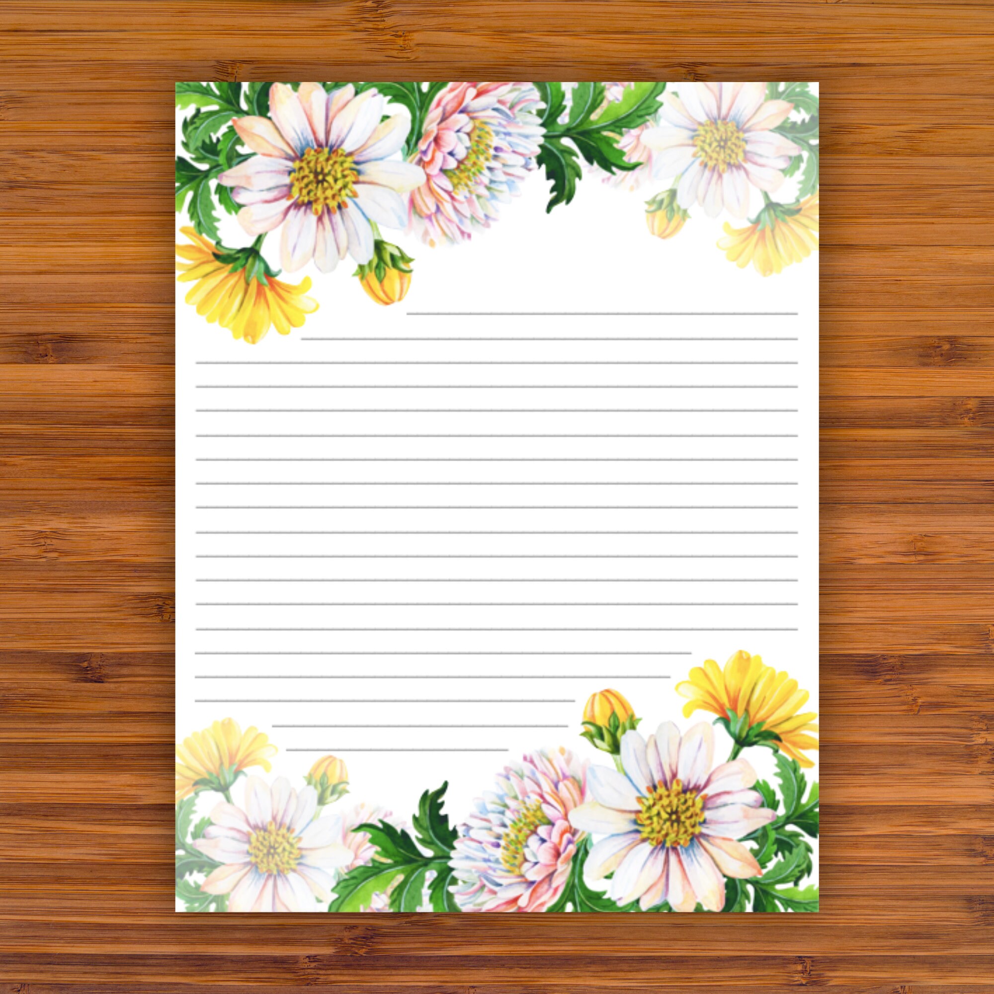 Printable Stationery: Pink &amp; Yellow Spring Flowers A4 | Etsy