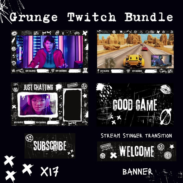 Grunge Twitch Streaming Bundle, Animated Stream Package, Twitch Banner, Emo Punk Theme, Twitch Panels, Webcam Overlay, Vtuber, YouTube Gamer