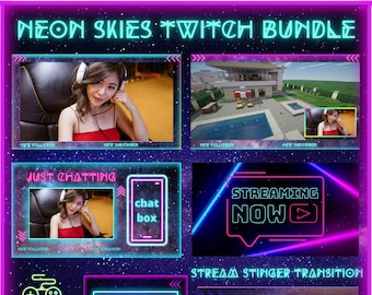 Neon Skies Twitch Overlay Bundle, Static Stream Package, Twitch Banner, Star Theme, Neon Theme, Twitch Panels, Webcam Overlay