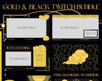 Paquete de superposición de Twitch negro y dorado, paquete de transmisión estática, banner de Twitch, paneles de Twitch, superposición de cámara web