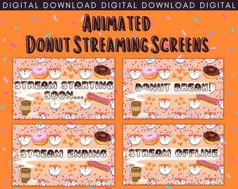 Pantallas de transmisión de videojuegos animados con temática de Fox Donut, inicio de transmisión, finalización, intermedio, superposición de Twitch, paquete de transmisión