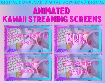 Pantallas de transmisión de videojuegos animados con temática de Kawaii Gamer, inicio de transmisión, finalización, intermedio, superposición de Twitch, paquete de transmisión