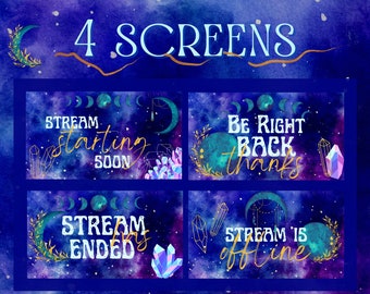 Pantallas de transmisión de videojuegos estáticos con temática de Moon Power, inicio de transmisión, finalización, intermedio, superposición de Twitch, paquete de transmisión