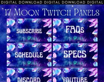 Paneles de Twitch temáticos de Moon Power, transmisión de videojuegos, redes sociales y paneles de información, superposición de Twitch, paquete de transmisión, cristales