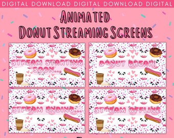 Pantallas de transmisión de videojuegos animados con temática de Pink Donut, inicio de transmisión, finalización, intermedio, superposición de Twitch, paquete de transmisión