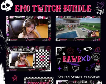 Pink Emo Twitch Overlay Bundle, Static Stream Package, Twitch Banner, Doodle Theme, Twitch Panels, Webcam Overlay