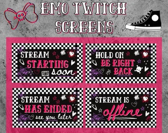Pantallas de transmisión de videojuegos estáticos con temática de Pink Emo, inicio de transmisión, finalización de transmisión, pantalla de intermedio, superposición de Twitch, paquete de transmisión