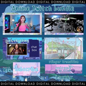 May include: A digital download bundle of Twitch overlays and graphics featuring an anime aesthetic. The bundle includes a banner, a chat box, a subscribe button, a stinger transition, and a stream starting soon screen. The graphics are in pink, blue, and white with a cartoon style.