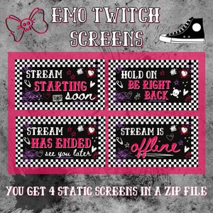 Pink Emo Themed Static Video Game Streaming Screens, Stream Starting, Stream Ending, Intermission Screen, Twitch Overlay, Stream Package
