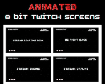 Pantallas de transmisión de videojuegos animados con temática de juegos de arcade de 8 bits, inicio de transmisión, finalización, intermedio, superposición de Twitch, paquete de transmisión