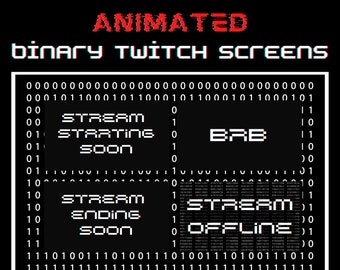 Pantallas de transmisión de videojuegos animados con temática de código binario, inicio de transmisión, finalización, intermedio, superposición de Twitch, paquete de transmisión