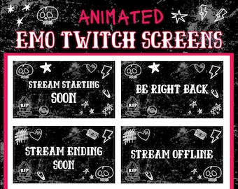 Pantallas de transmisión de videojuegos animados con temática Emo, transmisión que comienza pronto, transmisión que termina pronto, Intermedio BRB, superposición de Twitch, paquete de transmisión