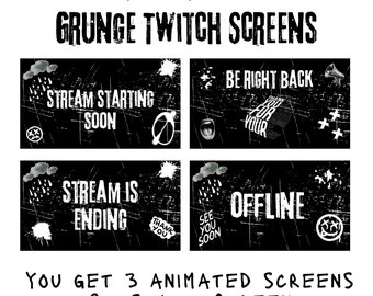 Pantallas de transmisión de videojuegos animados con temática grunge, transmisión que comenzará pronto, transmisión que finalizará pronto, BRB, Vtuber, paquete YouTube Emo Stream