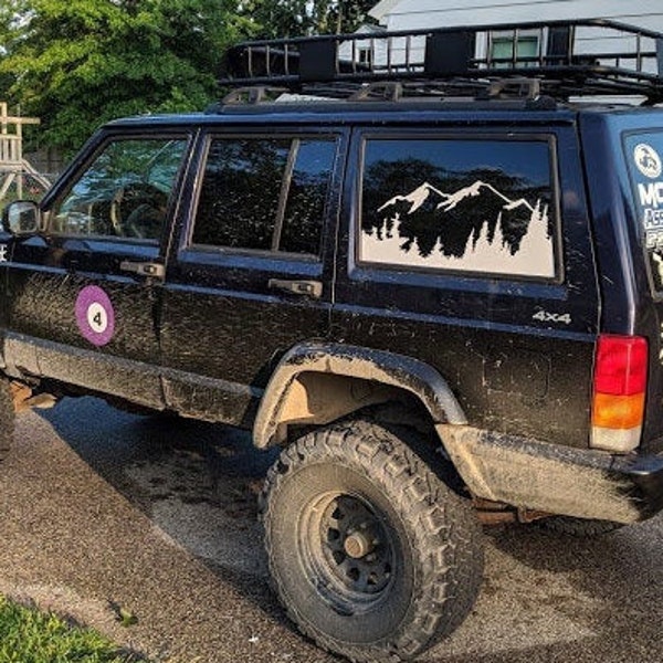 Jeep XJ Cherokee Mountains and Trees rear window decal set (driver and passenger sides)