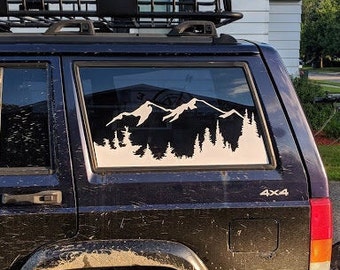 Jeep XJ Cherokee Mountains and Trees rear window decal set (driver and passenger sides)