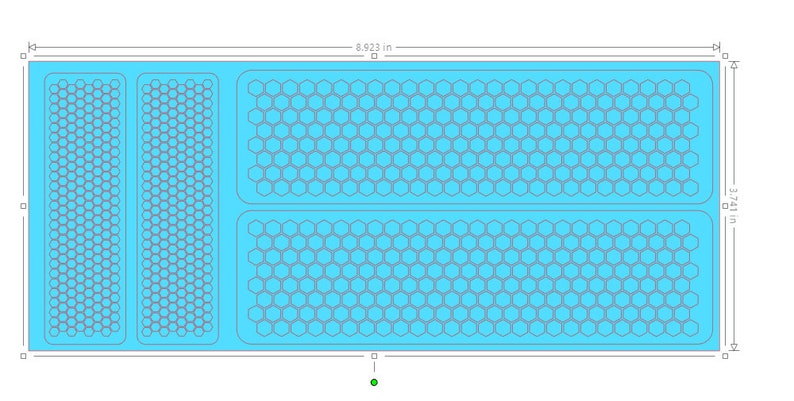 May include: A light blue sheet with a honeycomb pattern cut out. The sheet is 8.923 inches wide and 3.741 inches tall.