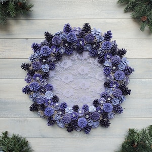 Lavendar Pinecone Wreaths, Hand Painted Pinecone Wreaths, Spring Wreaths, Easter Wreaths, Lace Wreath, Pinecone Flower Wreath, Pinecones image 1