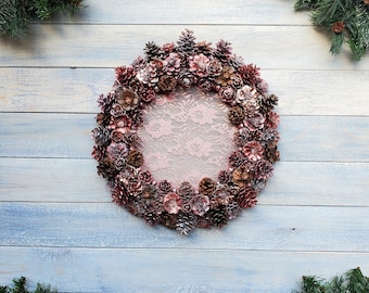 Pinecone Wreaths, Large Hand Painted Pinecone Wreaths, Spring Wreaths, Easter Wreaths, Lace Wreaths, Pinecone Flower Wreath, Custom Wreath,