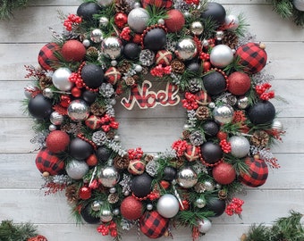 Buffalo Plaid Wreaths, Black & Red Plaid Wreaths, Christmas Wreaths, Winter Wreaths, Country Chic Wreaths, Large Wreaths, Ornament Wreaths,