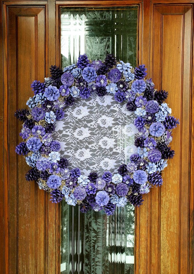 Lavendar Pinecone Wreaths, Hand Painted Pinecone Wreaths, Spring Wreaths, Easter Wreaths, Lace Wreath, Pinecone Flower Wreath, Pinecones image 4