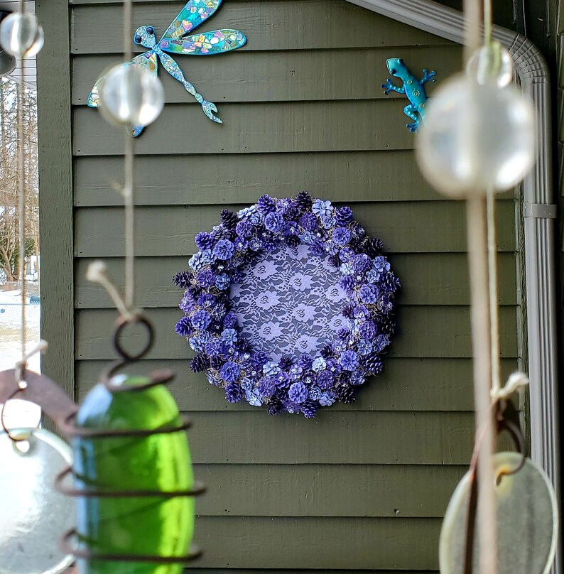 Lavendar Pinecone Wreaths, Hand Painted Pinecone Wreaths, Spring Wreaths, Easter Wreaths, Lace Wreath, Pinecone Flower Wreath, Pinecones image 5