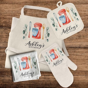 Tablier personnalisé personnalisé, ensemble de maniques, décoration de cuisine, anniversaire d'un ami hôtesse d'accueil