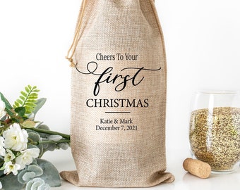 First Christmas Gift, Christmas Gift, Personalized Wine Bottle Bag for Christmas, Burlap Wine Bag, Gift for Couple