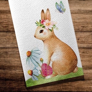 Farmhouse Rabbit Tea Towel, Easter Kitchen Towel,Easter Bunny Tea Towel, Farmhouse Rabbit and Daisies Kitchen Towel, Easter Kitchen Decor