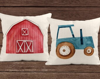 Farm Pillow, Linen Tractor Pillow, Gift for Baby, Linen Pillow Cover, Boys Room Decor, Farm Animals Pillow, Nursery Room Decor, Home Decor
