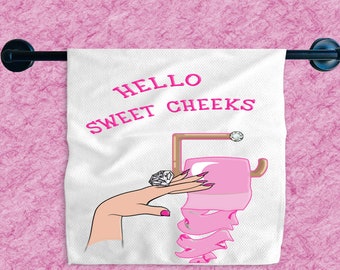 Hello Sweet Cheeks Hand Towel, Wall Art, Bathroom Decor, Restroom Sign, Girly Pink, Retro