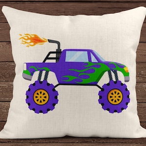 Monster Truck Pillow, Gift for Him, Game Room Decor, Linen Pillow Cover, Sports Pillow, Home Decor, Dorm Room