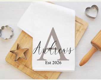 Quality Personalized Kitchen White Waffle Weave Towel, Tea Towel, Housewarming Gift, Kitchen Decor, Custom Monogram Kitchen Towel