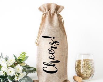 CHEERS Wine Bag, Burlap Wine Bag, Housewarming, Party Decor, Bridal Shower, Gift for Her, Hostess, Housewarming Gift