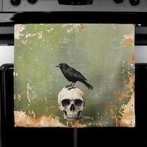 Vintage Home Decor, Halloween Kitchen Tea Towel, Black Crow, Skeleton Skull Dish Towel, Kitchen Decor,  Housewarming Gift, Gift for Friend