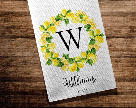 Lemon Kitchen Towel, Quality Personalized Kitchen Tea Towel, Housewarming Gift, Kitchen Decor White Waffle Weave Towel Custom Kitchen Towel