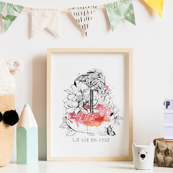 Affiche A4 - FLAMANT ROSE - illustration à l'encre avec des touches d'aquarelle