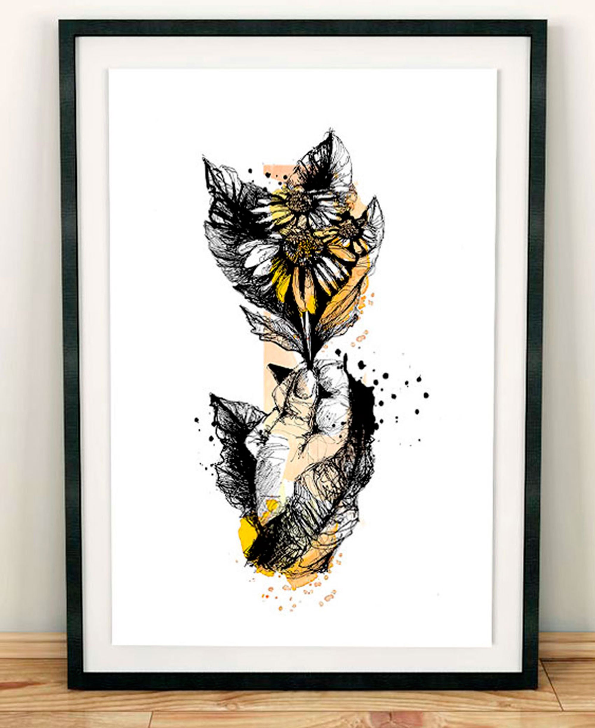 Affiche A4 Marguerite - Illustration Florale Au Feutre Noir et à L'aquarelle Orange Série Numérotée 