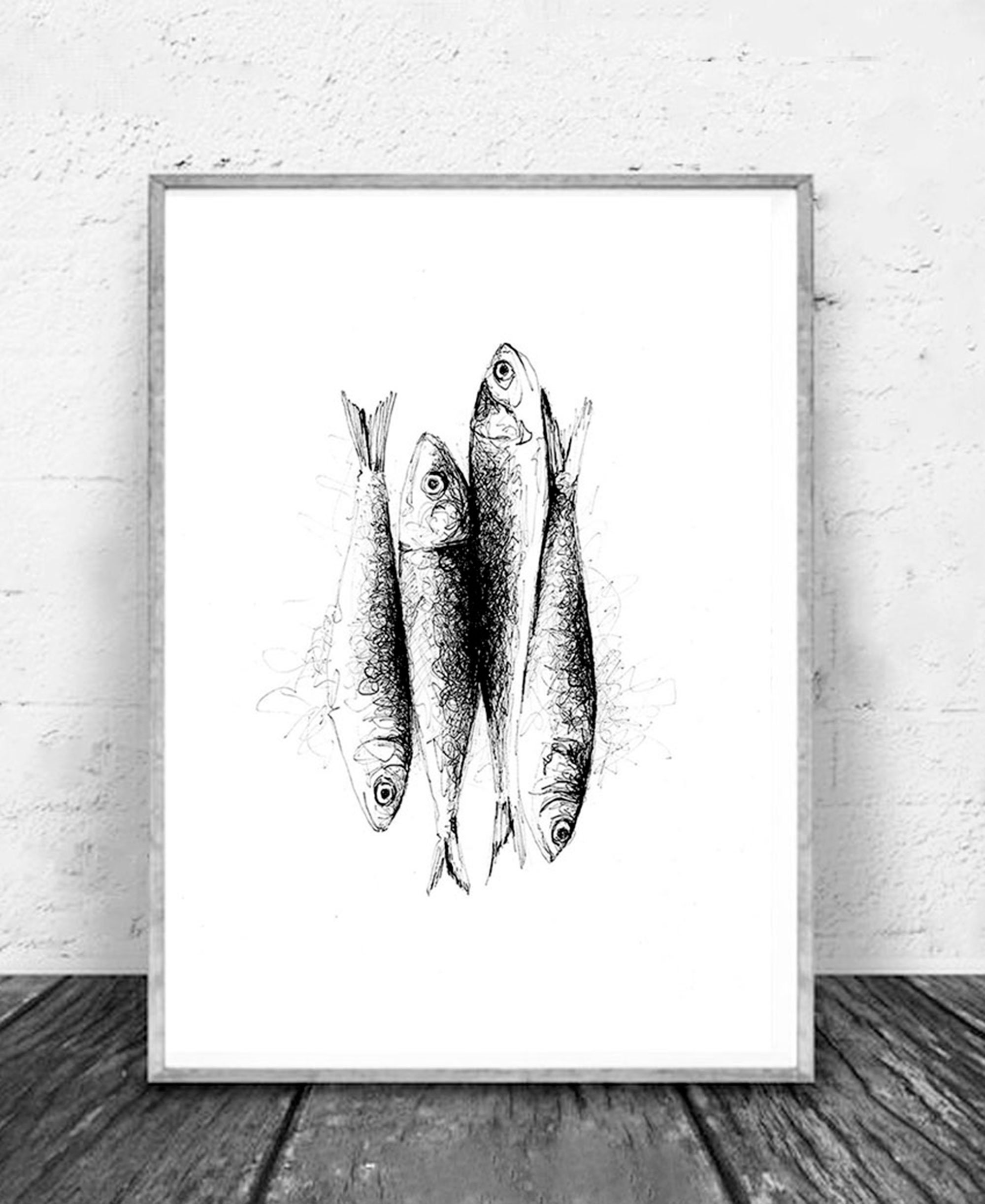 Affiche Sardines Format A4 - Illustration Culinaire à L'encre de Chine