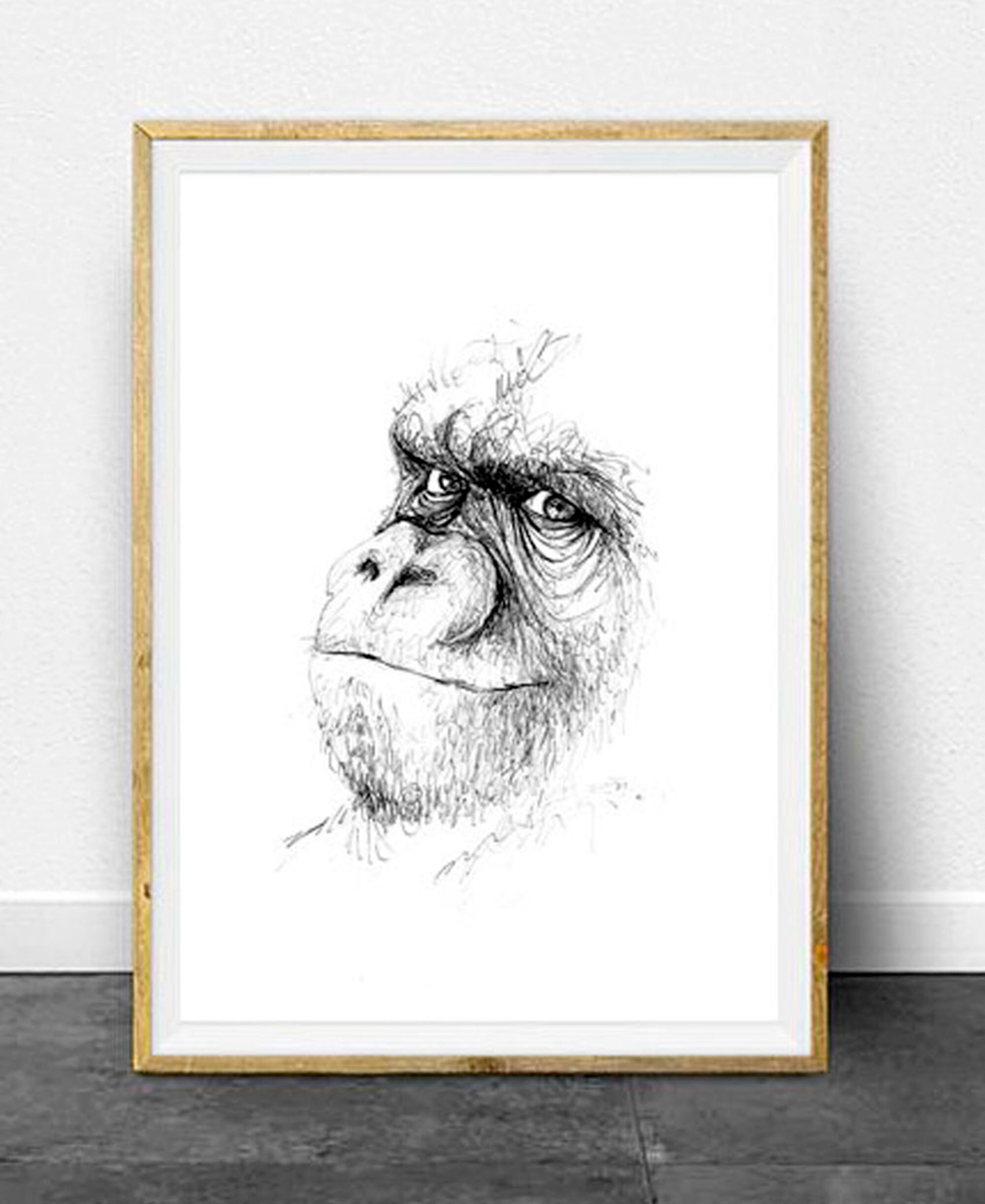 Affiche Gorille Format A3 - Illustration Au Stylo Bille Noir Série Limitée, Numérotée et Signée