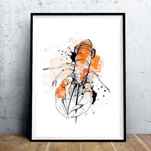 Affiche HOMARD Format A4 - Encre de chine avec touche d'aquarelle orange - Série limitée