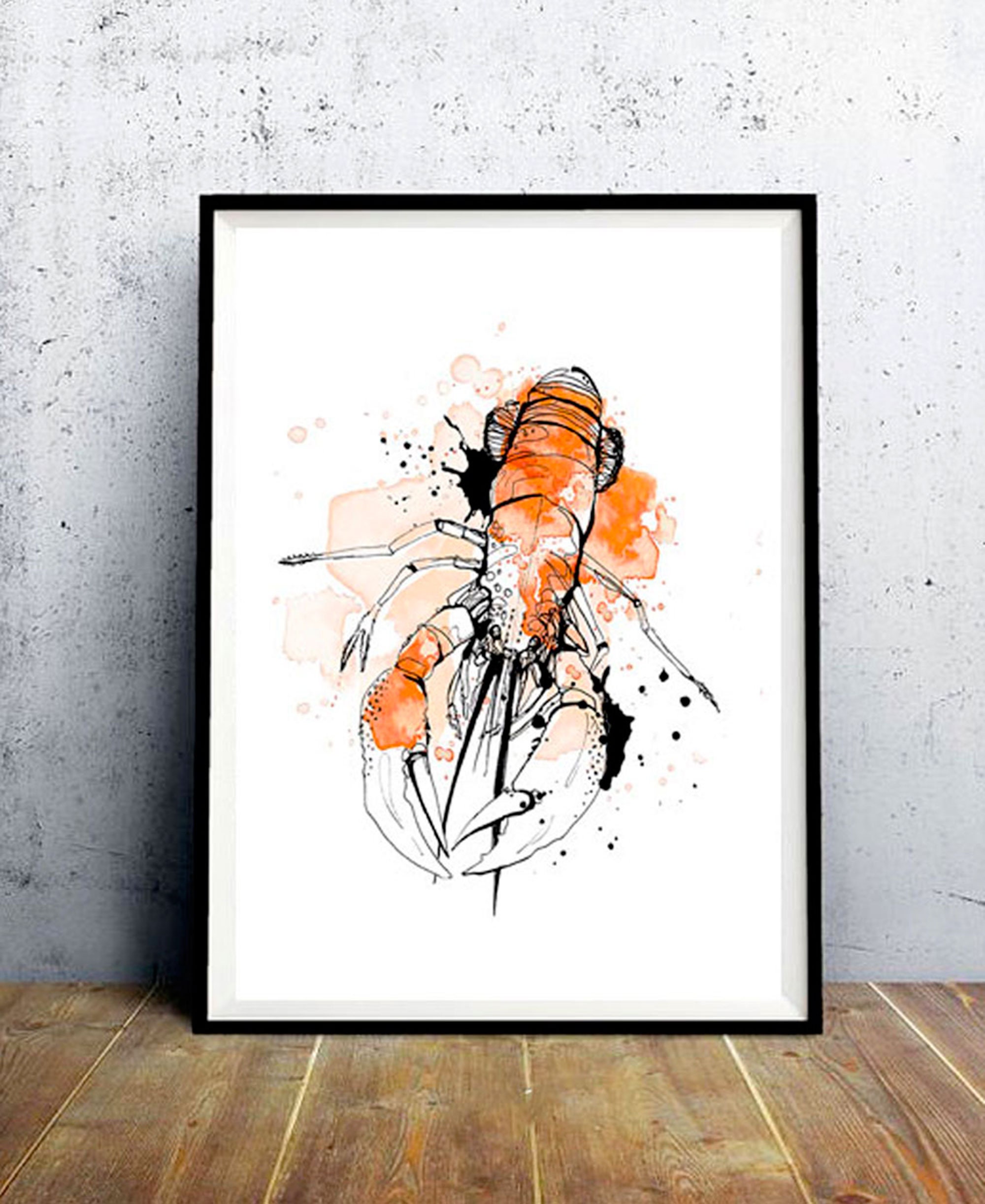 Affiche Homard Format A4 - Encre de Chine avec Touche d'aquarelle Orange Série Limitée