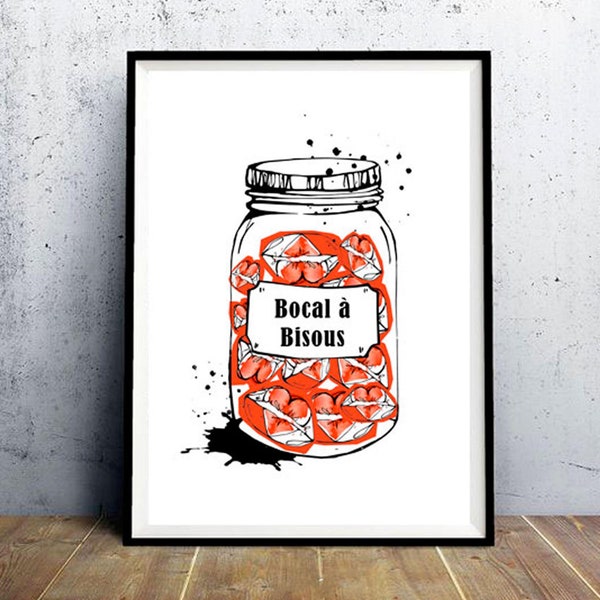 Affiche BOCAL A BISOUS - Illustration format A3 rouge effet aquarelle - Idéal Saint Valentin