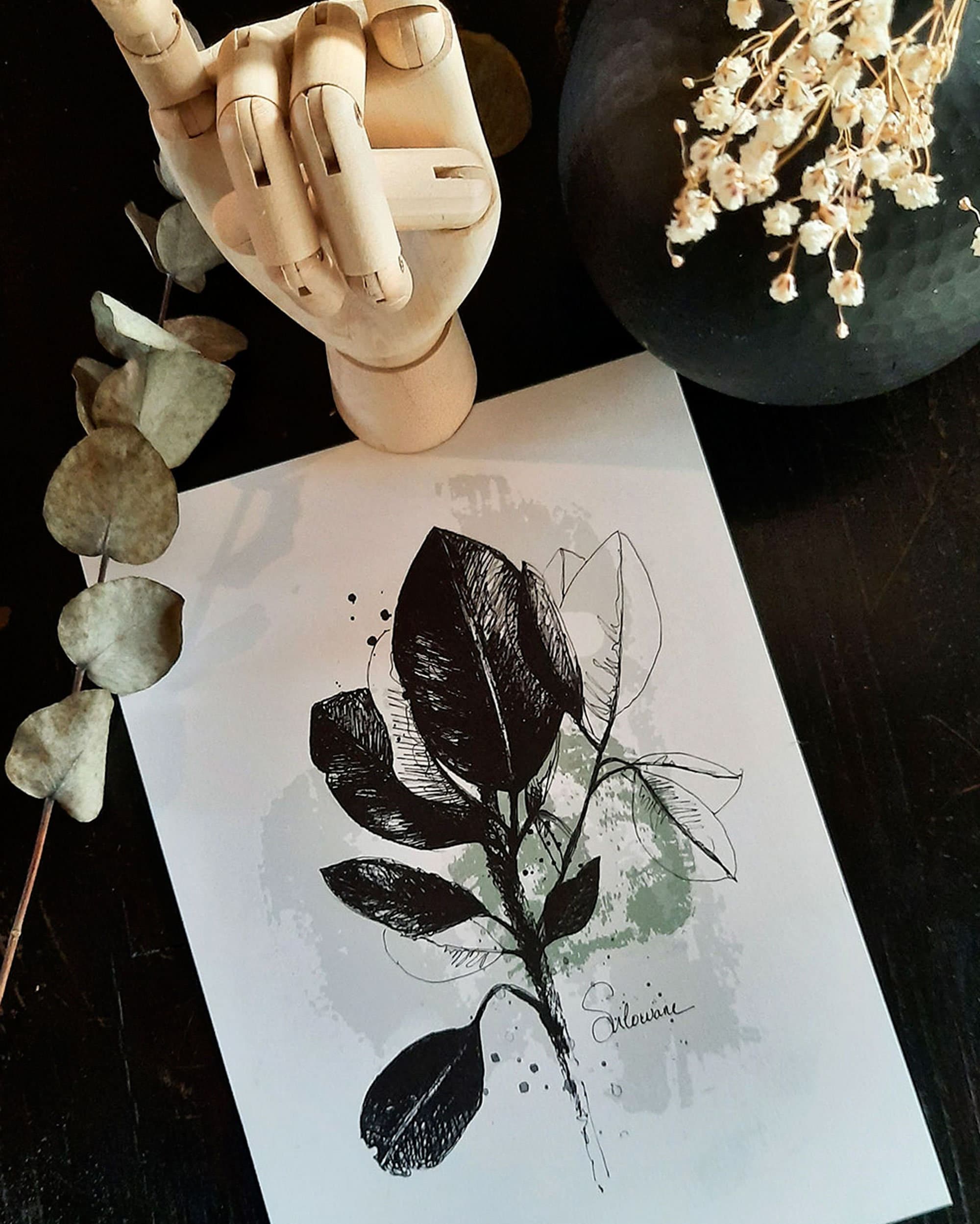 Affiche A4 - Plante Verte Illustration à L'encre de Chine et Touche d'aquarelle