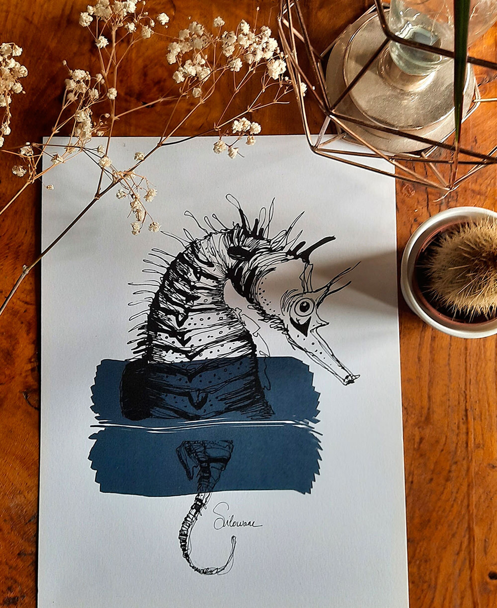 Affiche Hippocampe Format A4 - Illustration Encre de Chine et Aquarelle Bleue Décoration Marine