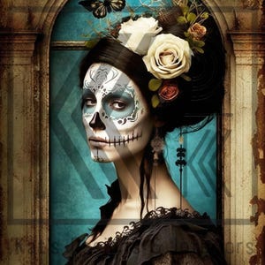 May include: A digital art portrait of a woman with Day of the Dead makeup. She has a skull face design with white, black, and blue accents. She wears a black dress and has flowers in her hair, with a butterfly above her head.