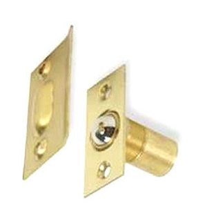 May include: A pair of brass door hinges with a spring-loaded catch. The hinges are rectangular and have a polished finish.
