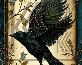 May include: A black crow with gold accents on its wings is perched on a branch with green leaves. The background is a vintage-style illustration with gold accents.